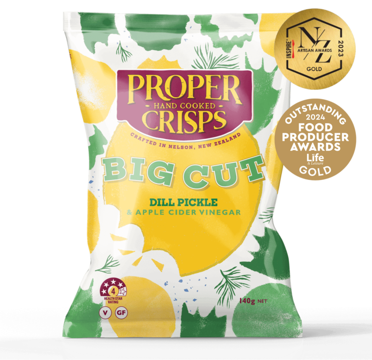 front image of big cut dill pickle and apple cider vinegar with awards sitting on the top right of the product image inspire new zealand 2023 artisan awards Gold outstanding food producer awards 2024 gold