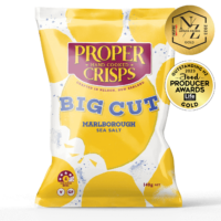 front image of marlborough sea salt big cut crisps with the awards sitting on the top right of the image new zealand artisan awards inspire 2023 gold and outstanding new zealand food producer awards 2023 gold