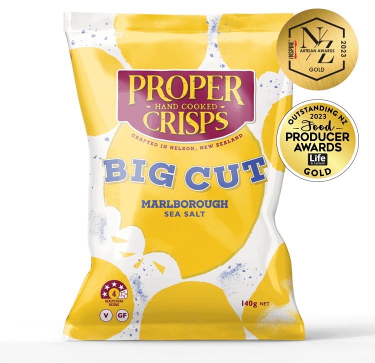 front image of marlborough sea salt big cut crisps with the awards sitting on the top right of the image new zealand artisan awards inspire 2023 gold and outstanding new zealand food producer awards 2023 gold