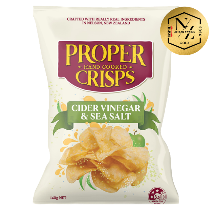 cider vinegar and sea salt crisps product render with the 2024 awards for Inspire NZ artisan awards - gold