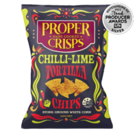 chilli-lime tortilla chips front image product shot with the award sitting on the top right of the image award is for winning silver on the 2022 food producer awards