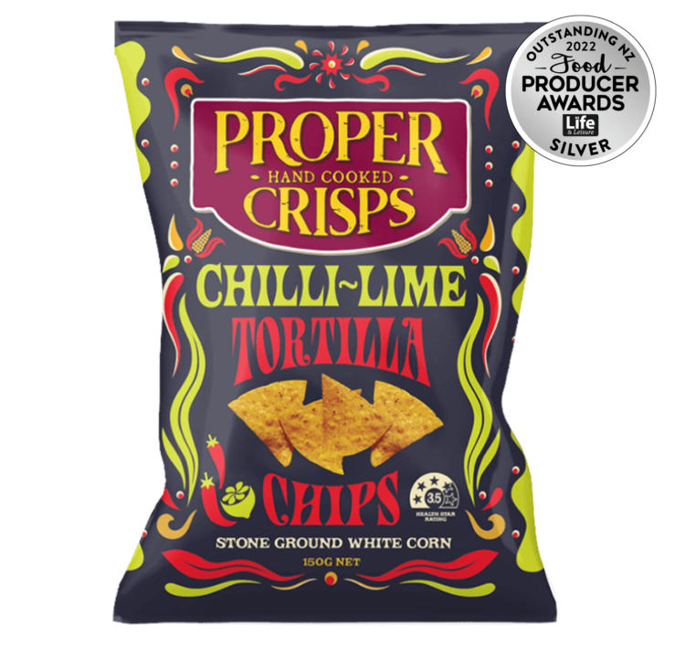 chilli-lime tortilla chips front image product shot with the award sitting on the top right of the image award is for winning silver on the 2022 food producer awards