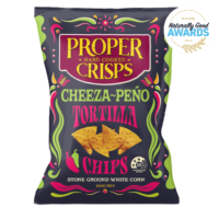 cheeza-peño tortilla chips front image product shot with the award sitting on the top right of the image award is for winning the 2023 naturally good awards