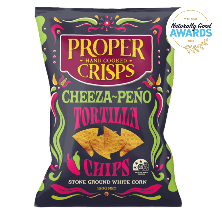 cheeza-peño tortilla chips front image product shot with the award sitting on the top right of the image award is for winning the 2023 naturally good awards