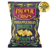 pineapple salsa tortilla chips front image product shot with the award sitting on the top right of the image award is for winning gold on the 2021 food producer awards