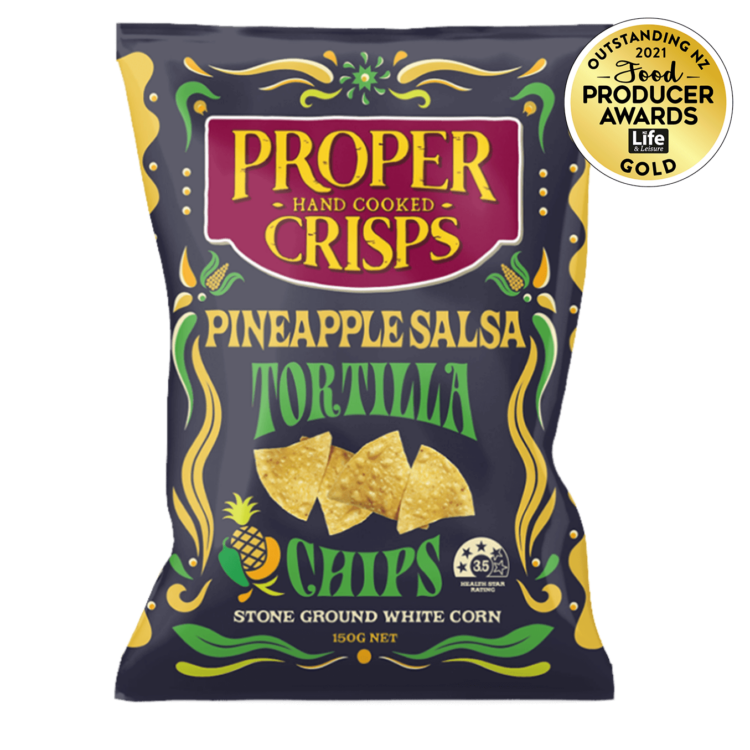 pineapple salsa tortilla chips front image product shot with the award sitting on the top right of the image award is for winning gold on the 2021 food producer awards